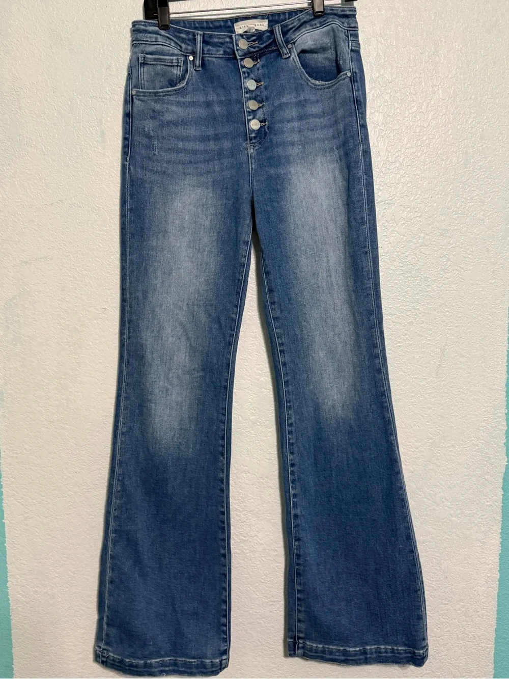 Risen High Rise Button Fly Flare Jeans Size 11/30 Medium Wash Stretch Denim